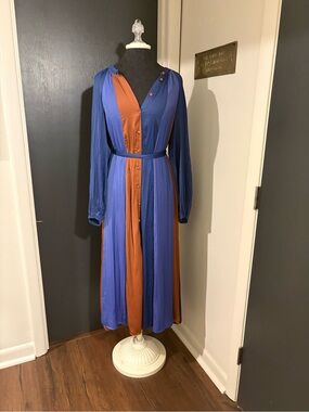 Anthropologie Maeve Colorblock Blue and Rust Button-Front Midi Dress with Belt 💜